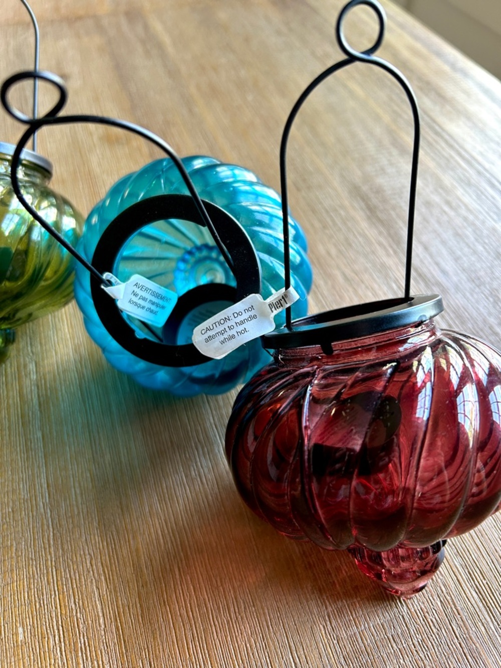 Pier 1 hand-blown, fluted glass, hanging tea light candle holders, NWT - Picture 2 of 6